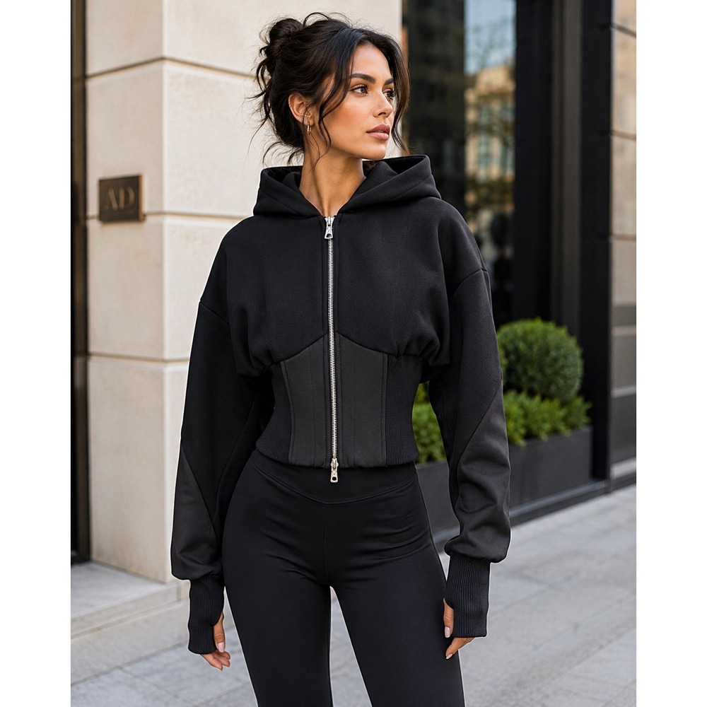 Manière De Voir Brune Corset Zip Hoodie Womens US 2 Black Satin NWT